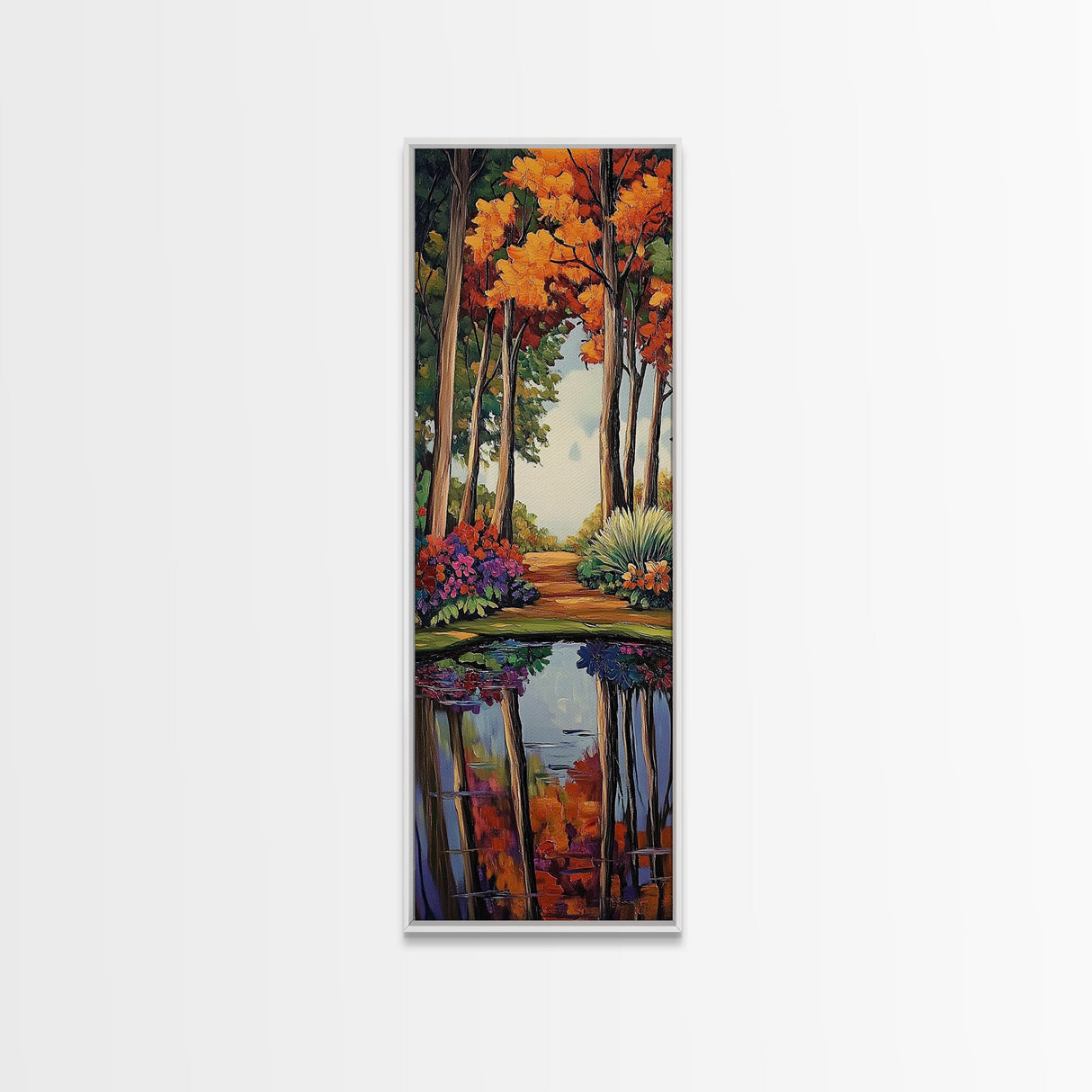 Autumn, Trees, Reflection, Forest - Framed Canvas Print, Fall Foliage Wall Art, Nature Scene Living Room Decor, Warm Seasonal Forest Painting