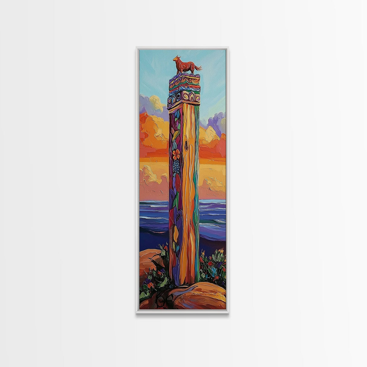 Totem, Ocean, Sunset, Whimsy - Framed Canvas Print, Coastal Totem Wall Art, Whimsical Beach House Decor, Colorful Folk Art Living Room Style