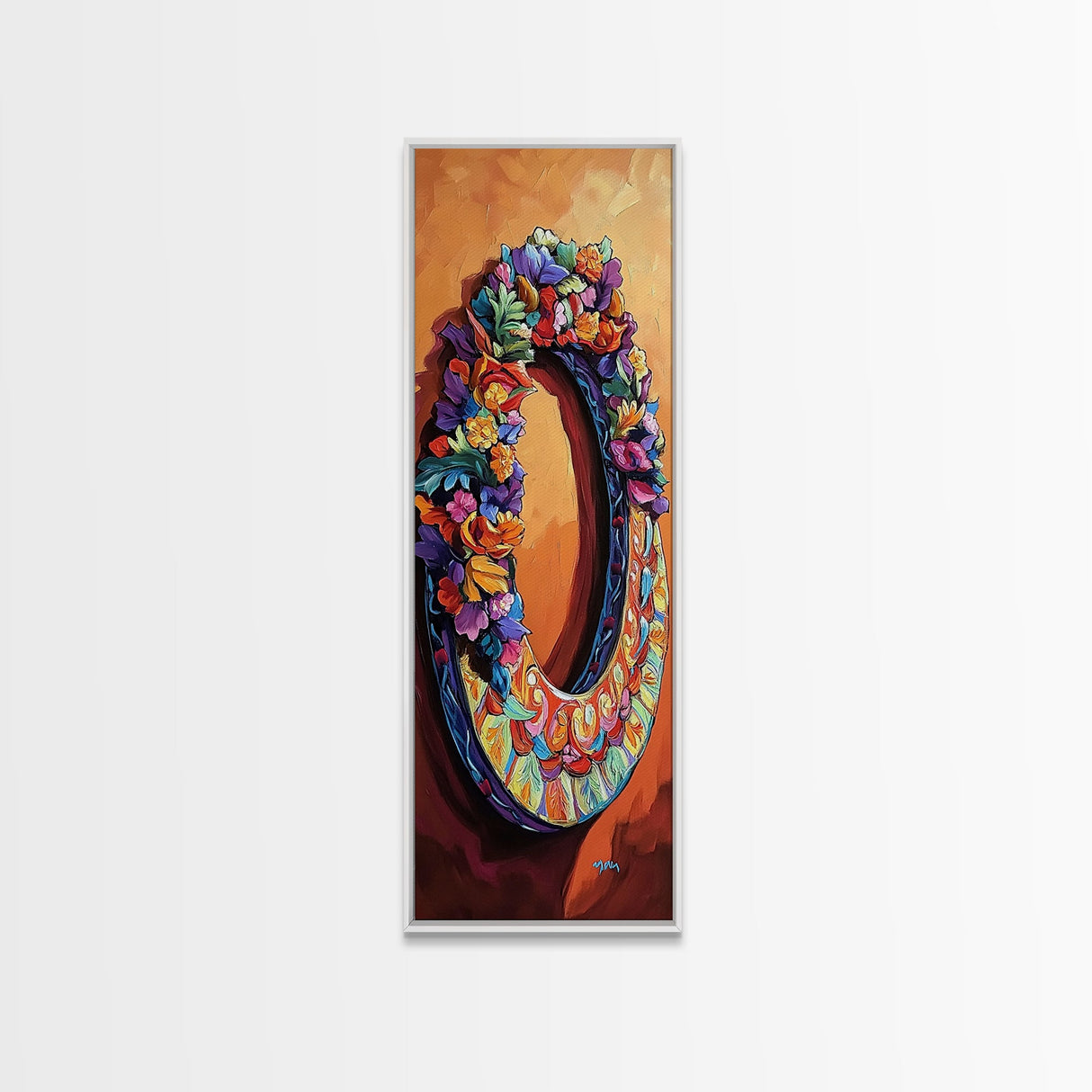 Autumn, Floral, Wreath, Decor, Framed Canvas Print, Fall boho wall art, rustic kitchen decor, entryway farmhouse painting, cozy orange tones