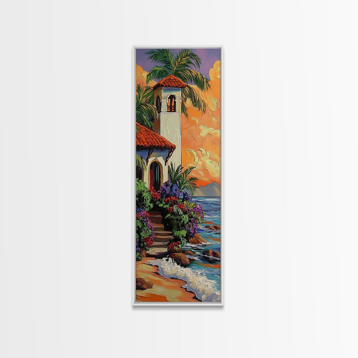 Seaside, Villa, Sunset, Palms, Framed Canvas Print, Coastal tropical wall art, beach house decor, boho living room painting, colorful home vibes
