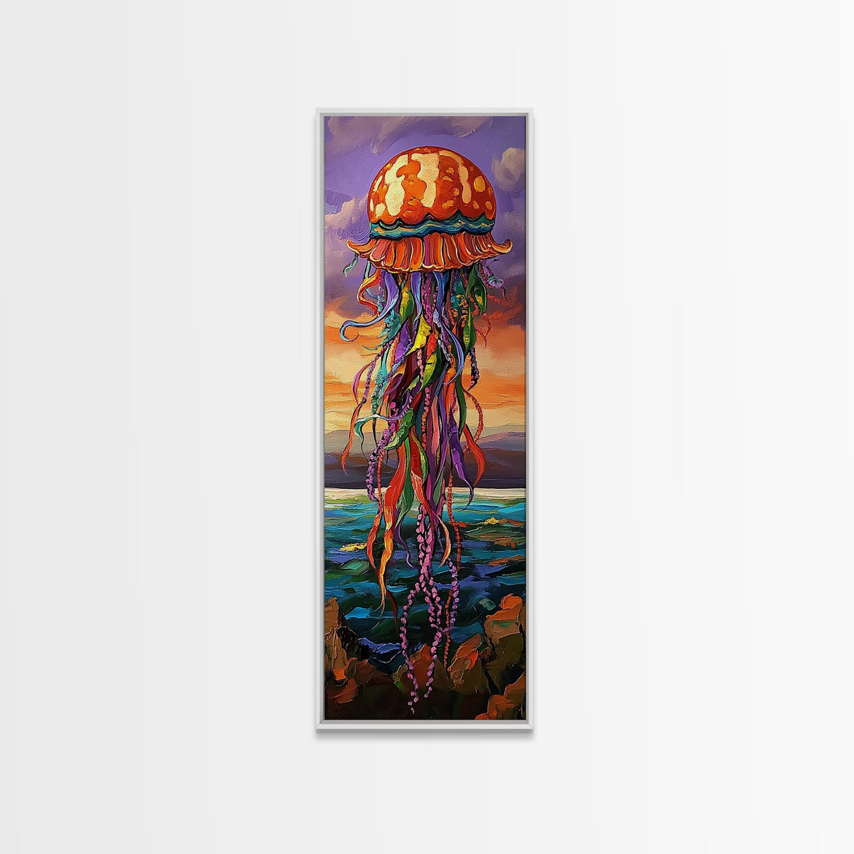 Jellyfish, Ocean, Fantasy, Color, Framed Canvas Print, Underwater coastal wall art, vibrant kids room decor, marine boho style painting