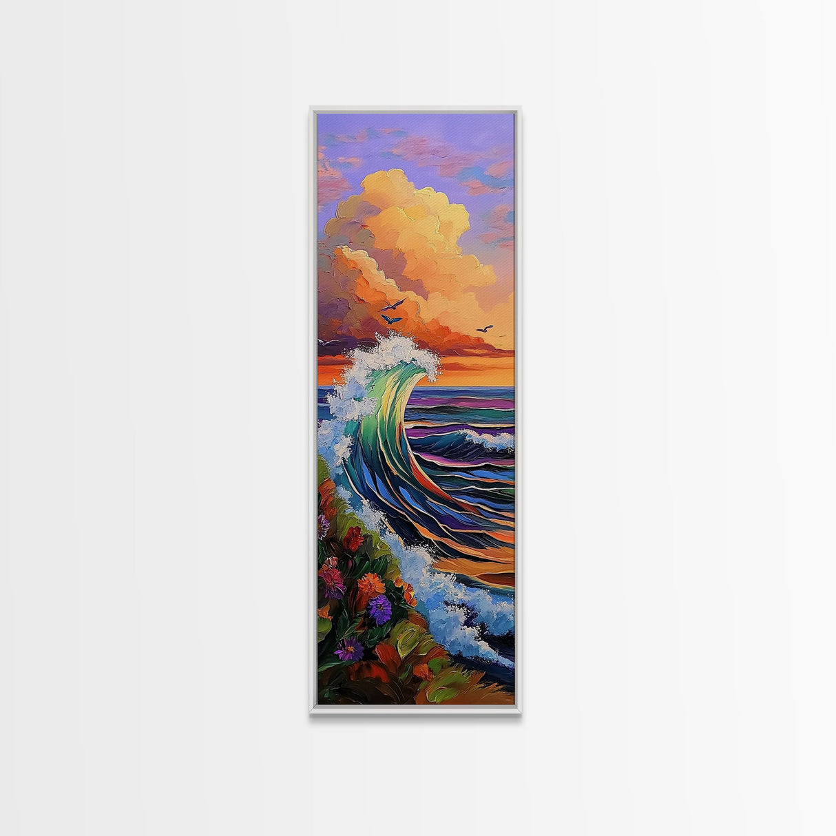Wave, Sunset, Surf, Ocean, Canvas Print, dramatic wave crashing painting, sunset surf wall art, vibrant beach decor, surf shack canvas