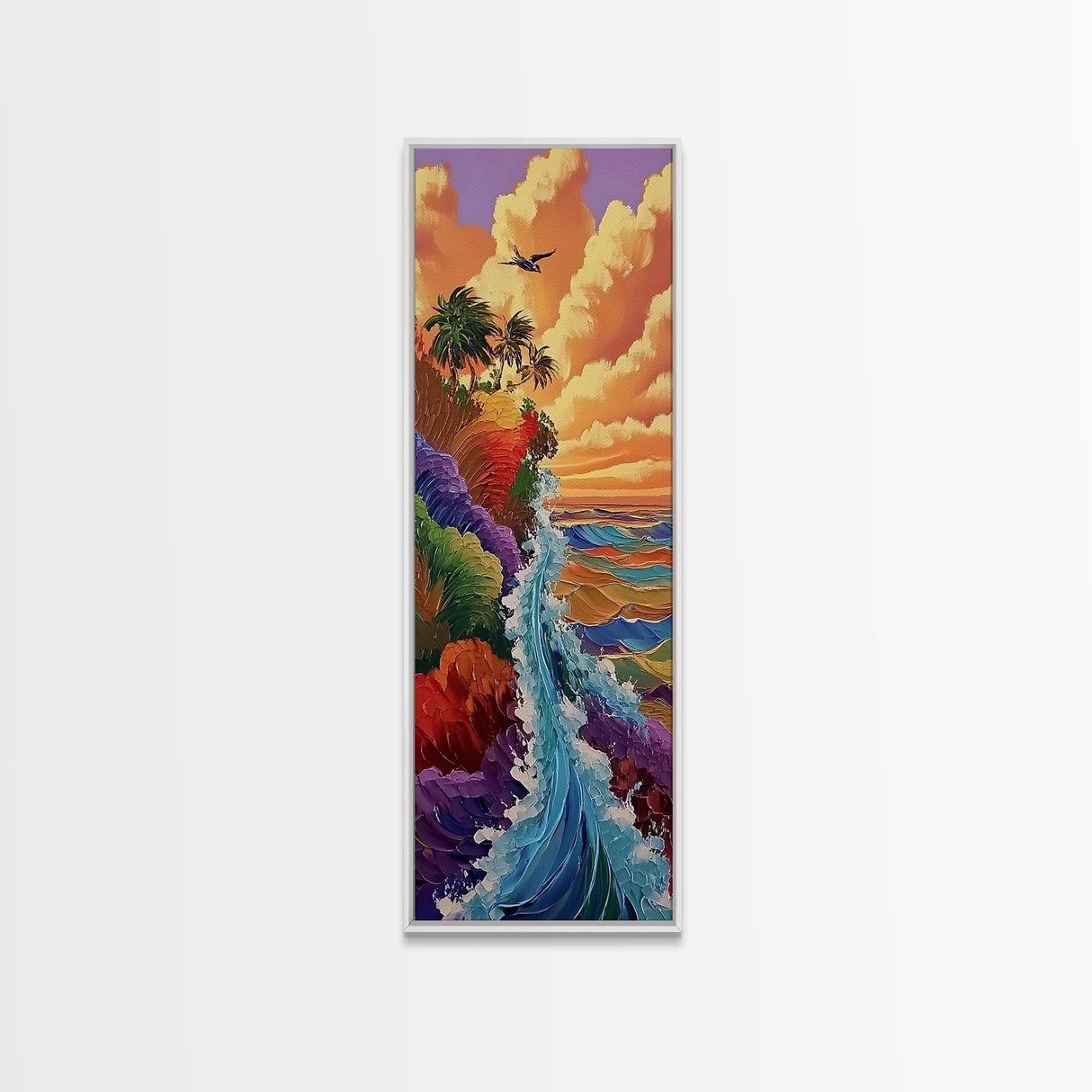 Rainbow Cliff, Ocean Waves, Sunset Coast, Framed Canvas Print, tropical beach decor, vibrant boho wall art, coastal entryway painting