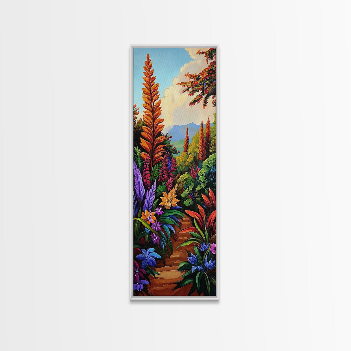 Jungle, Pathway, Tropical, Florals, Framed Canvas Print vibrant rainforest trail painting boho nature themed hallway or office wall art