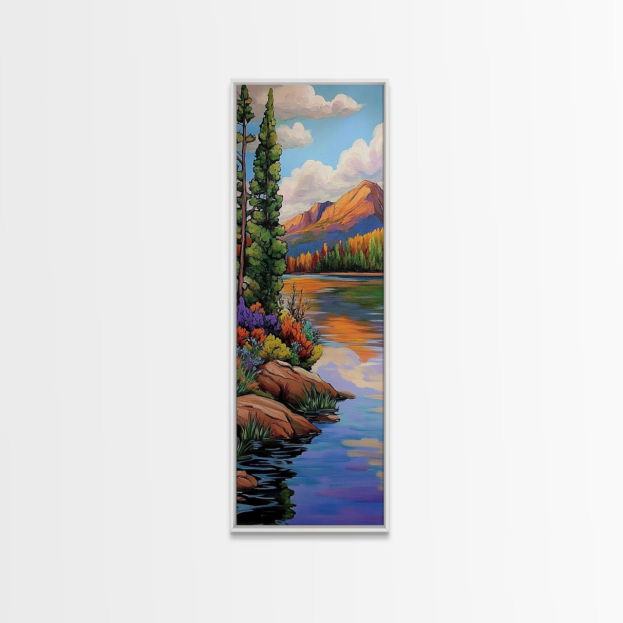 Autumn, Pines, Lake, Serenity, Framed Canvas Print with fall forest reflection, rustic cabin decor, cozy living room art, woodland scene