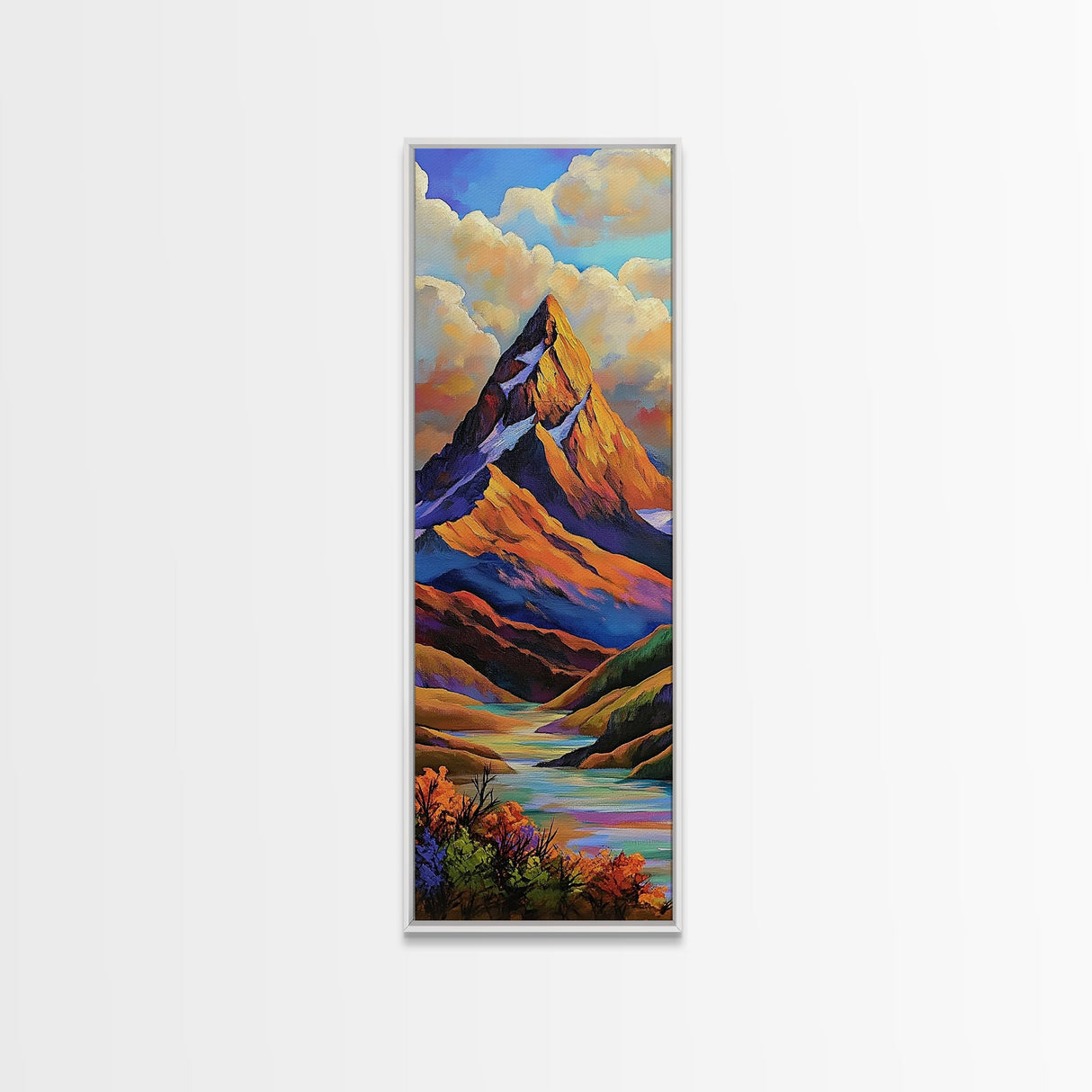 Majestic, Peak, River, Valley, Framed Canvas Print with dramatic alpine scenery, rustic lodge wall decor, fall landscape, nature art