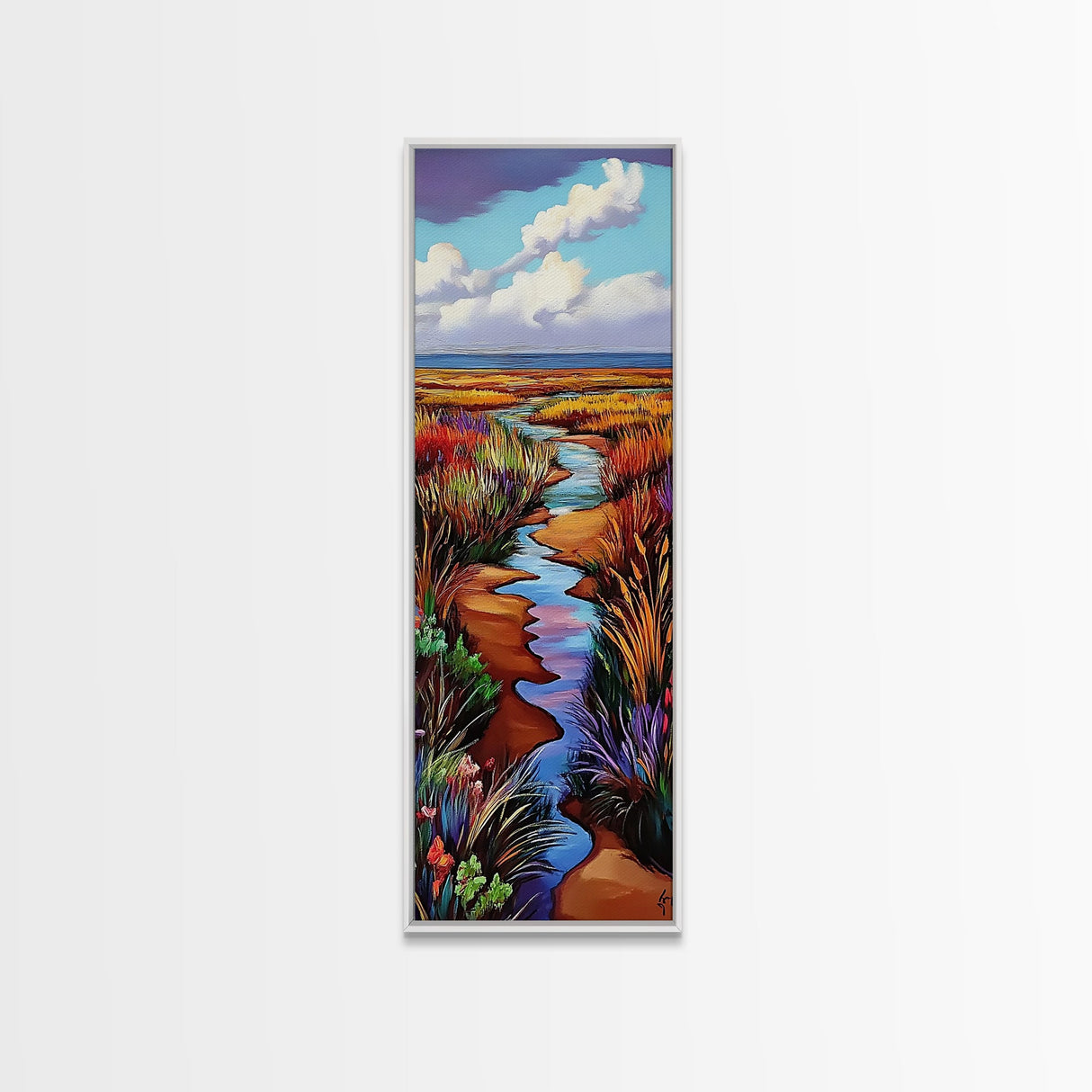 Wildflower, Marsh, Coastal, Path, Framed Canvas Print with golden autumn grasses, colorful marshland, farmhouse entryway wall decor