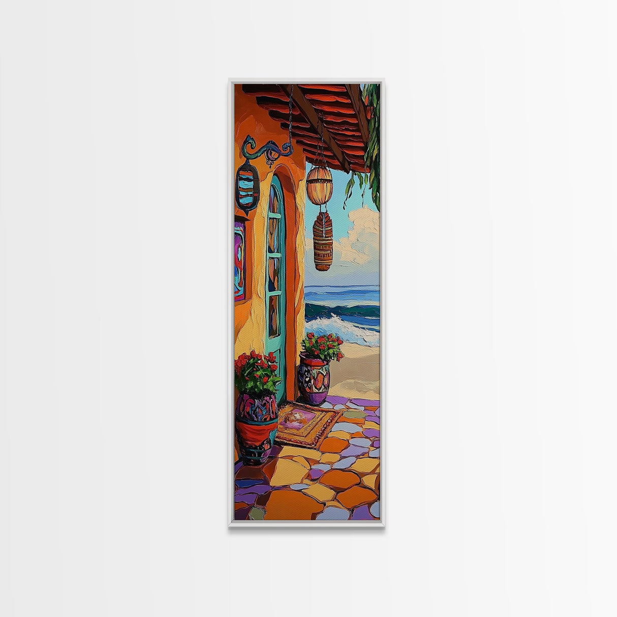 Porch, Beach, Pottery, Ocean, Canvas Print, Coastal Kitchen Wall Art, Warm Beachfront Decor, Vibrant Boho Mexican Style