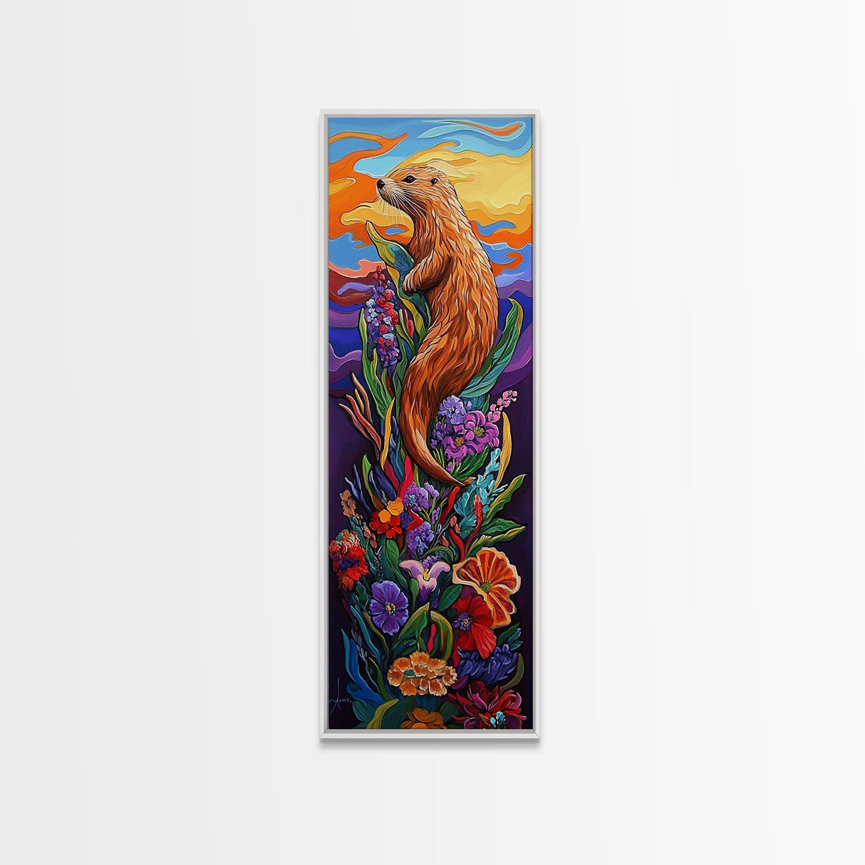Otter, Flowers, Fantasy, Wildlife, Framed Canvas Print, Whimsical animal art in vibrant palette, ideal Nursery Art or Nature Lover Decor