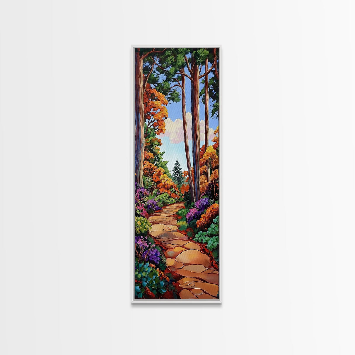 Autumn, Pathway, Forest, Trees, Framed Canvas Print, Fall foliage art in impressionist style, perfect Entryway Wall Art or Seasonal Home Decor