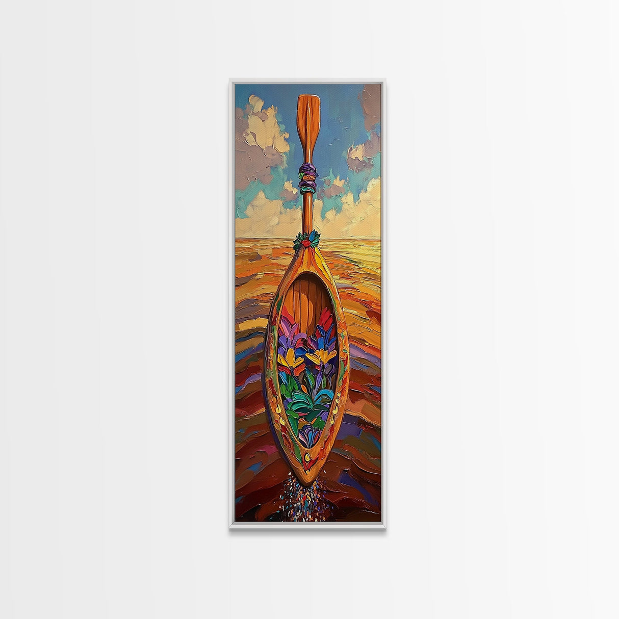 Oar, Flowers, Sea, Paddle - Framed Canvas Print, Coastal Boho Art, Colorful Nautical Decor, Beach House Wall Art, Hallway Canvas Piece