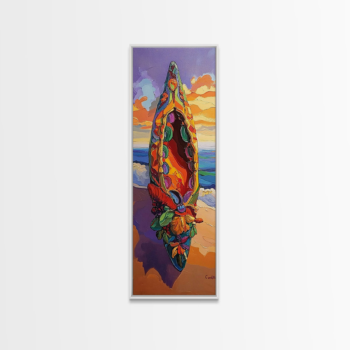 Canoe Beach, Sunset, Vibrant Boat Art Framed Canvas Print, Coastal Wall Decor, Tropical Living Room Art, Colorful Boho Adventure Scene