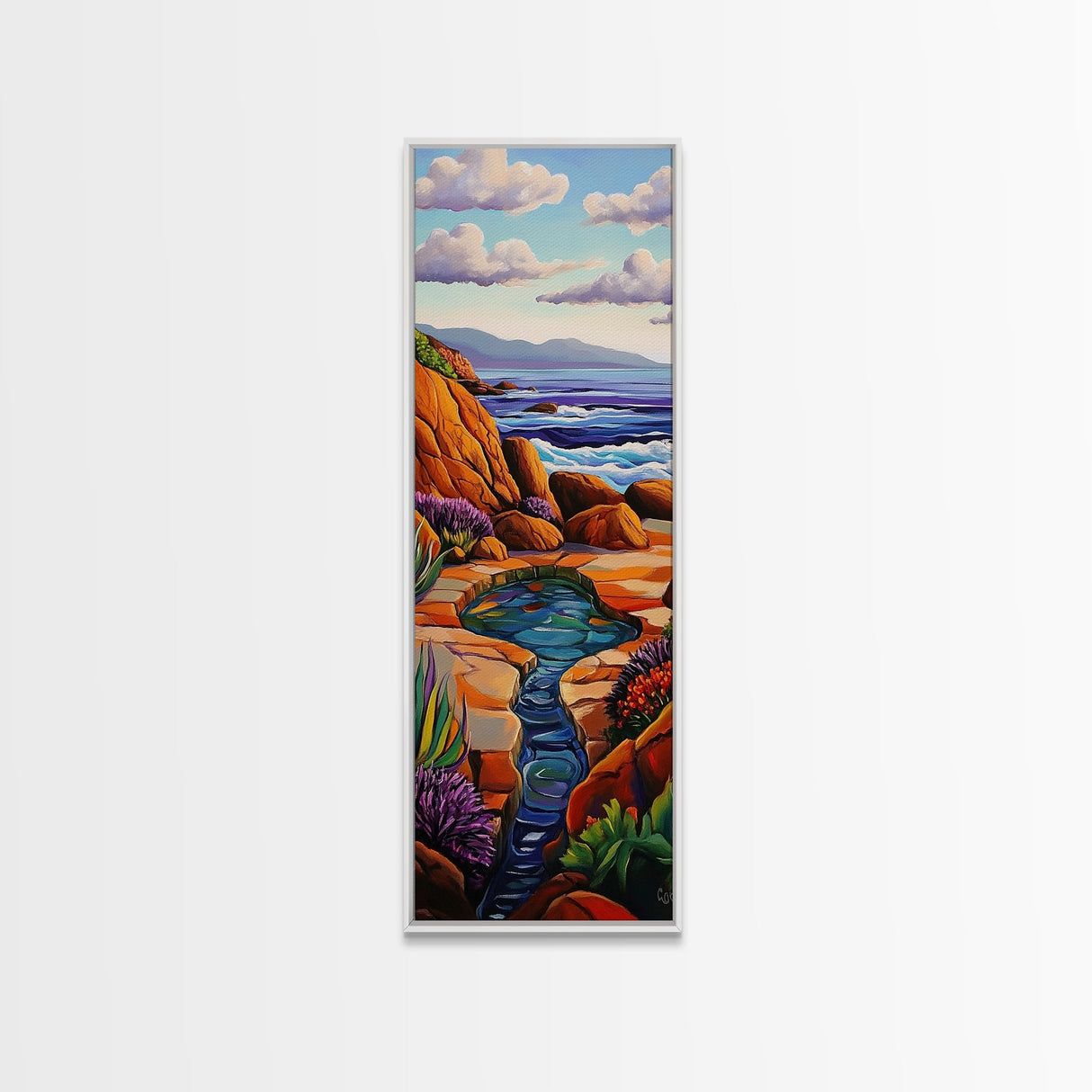 Waves Rocks, Ocean, Pastel, Framed Canvas Print, Crashing wave pastel seascape painting, calming ocean wall decor, coastal home design