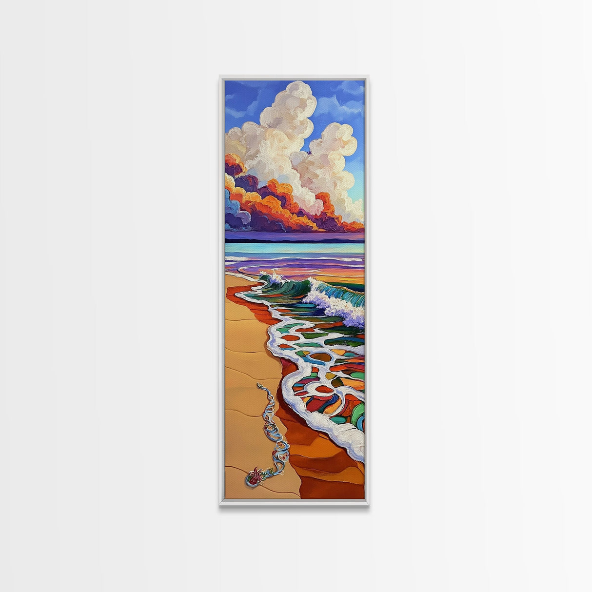 Beach Wave, Necklace, Shore — Canvas Print of whimsical wave reaching jewelry on sand, perfect Boho Bathroom Wall Art or Beach Lover's Gift Decor