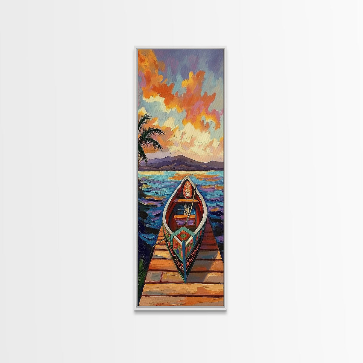 Tropical Boat Sunset Painting, Canvas Print coastal boat art, Caribbean vibe, boho beach house decor, entryway or bathroom wall piece