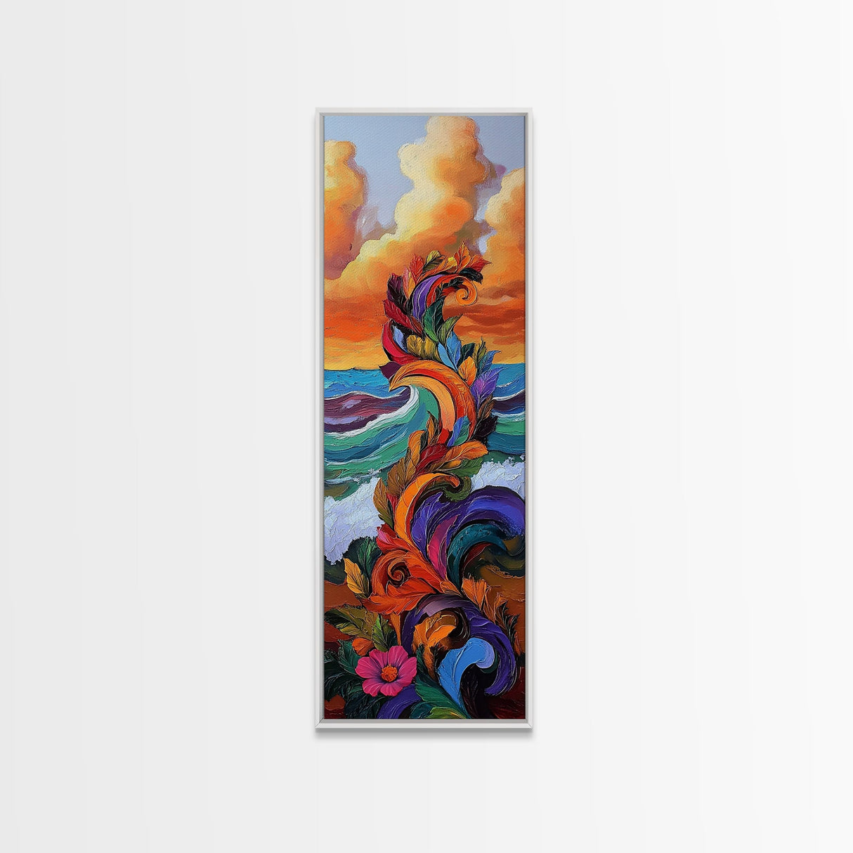 Wave Leaves, Sunset, Canvas Print, Abstract Ocean Wall Art, Bright Boho Decor, Living Room Seascape, Coastal Nature Painting