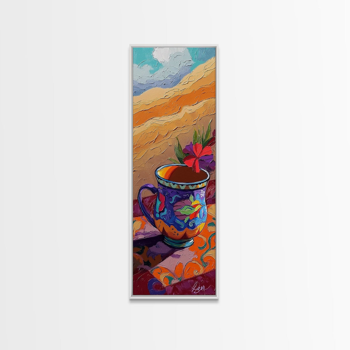 Cup Hibiscus, Coffee, Bold - Framed Canvas Print coffee lover gift, tropical mug painting, breakfast nook decor, colorful boho wall art