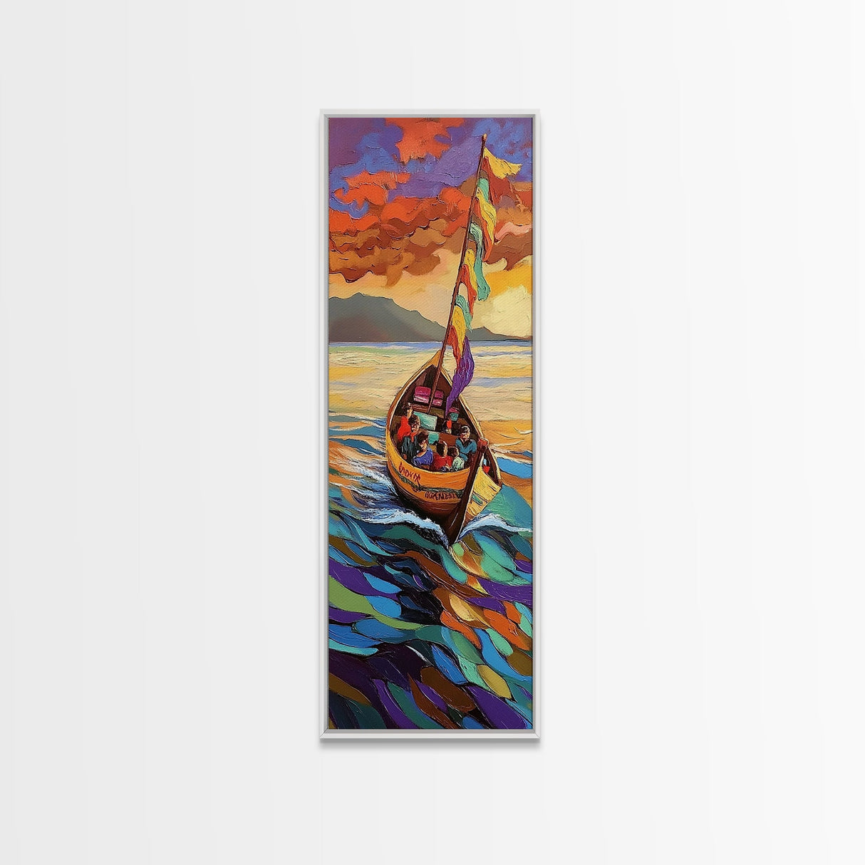 Colorful Boat, Sunset Sea, Vibrant Ocean Scene, Framed Canvas Print, Coastal Wall Decor, Eclectic Living Room Art, Nautical Wall Art