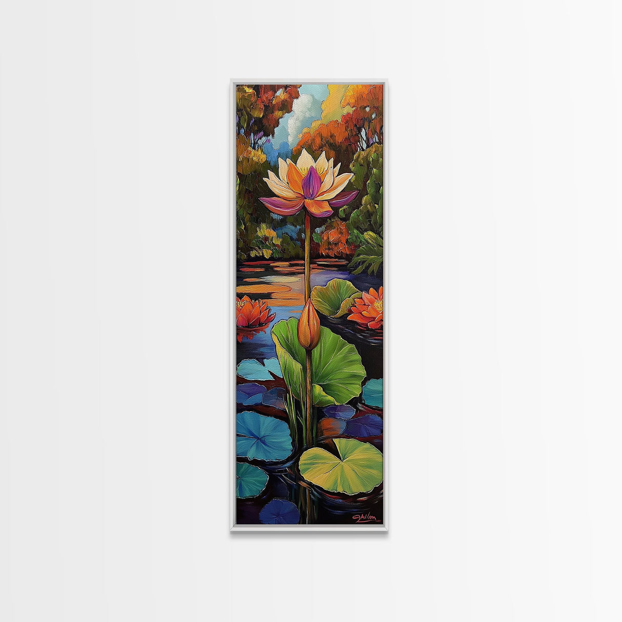 Lotus Blossom, Tranquil Pond, Fall Water Garden, Framed Canvas Print, Zen Wall Decor, Spa Bathroom Art, Peaceful Floral Meditation Art