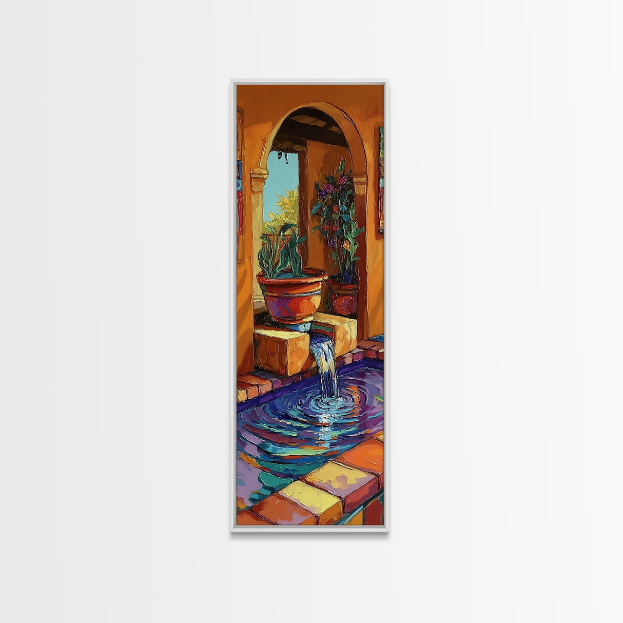 Courtyard Fountain, Terracotta Colors, Spanish Style Decor, Framed Canvas Print, Rustic Kitchen Wall Art, Mediterranean Patio Scene