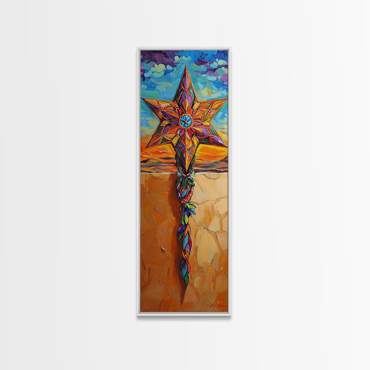 Star Cross, Colorful Sky, Spiritual Folk Symbol, Framed Canvas Print, Southwestern Wall Art, Vibrant Entryway Decor, Festive Religious Art