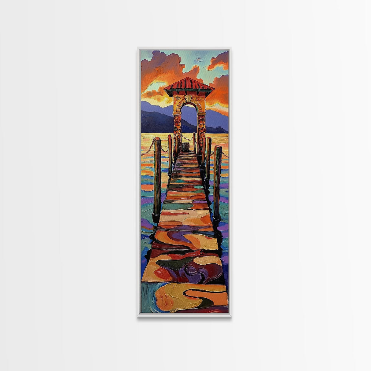 Sunset Pier, Pathway, Landscape, Framed Canvas Print, Coastal Wall Art, Sunset Beach Decor, Living Room Art, Colorful Landscape Painting