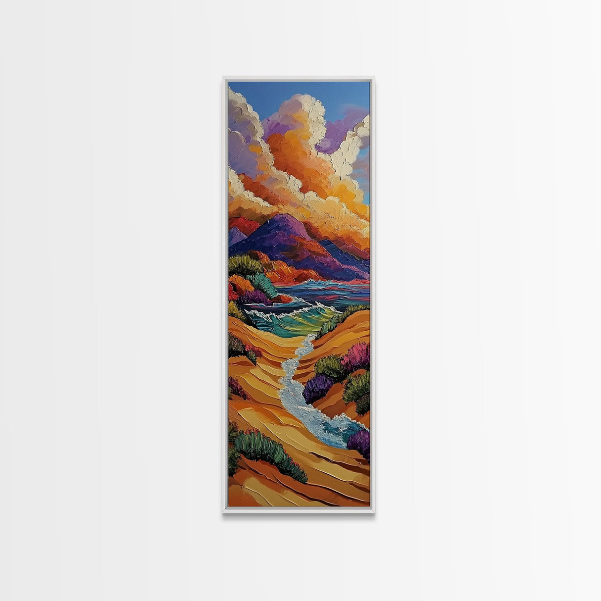 Dunes River, Mountains, Sunset, Framed Canvas Print, southwestern art, fall landscape painting, rustic home hallway wall decor