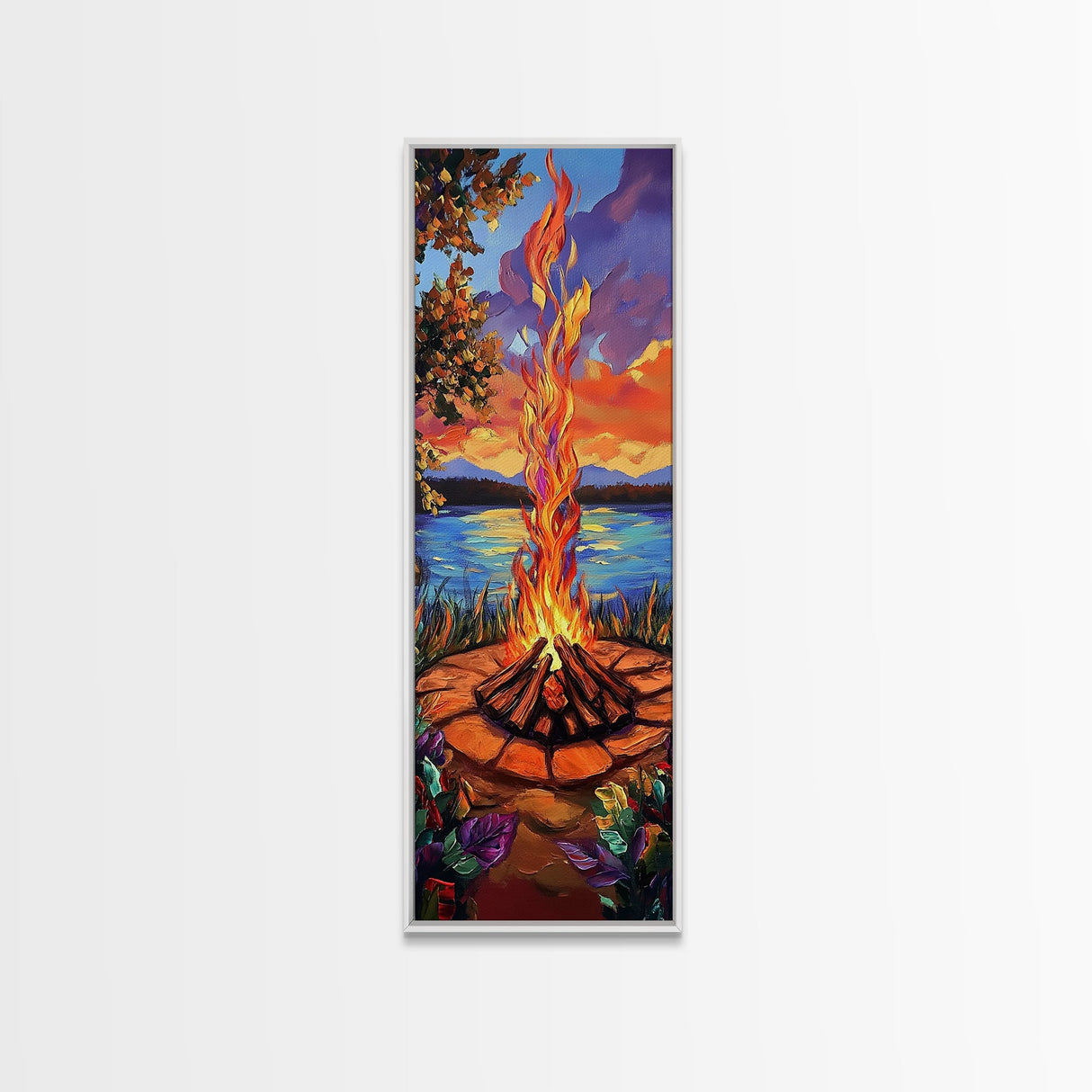 Campfire Flames, Sunset Lake – Rustic Firepit Wall Art, Cozy Cabin Vibes, Autumn Nature Scene, Framed Canvas Print, Lodge Decor
