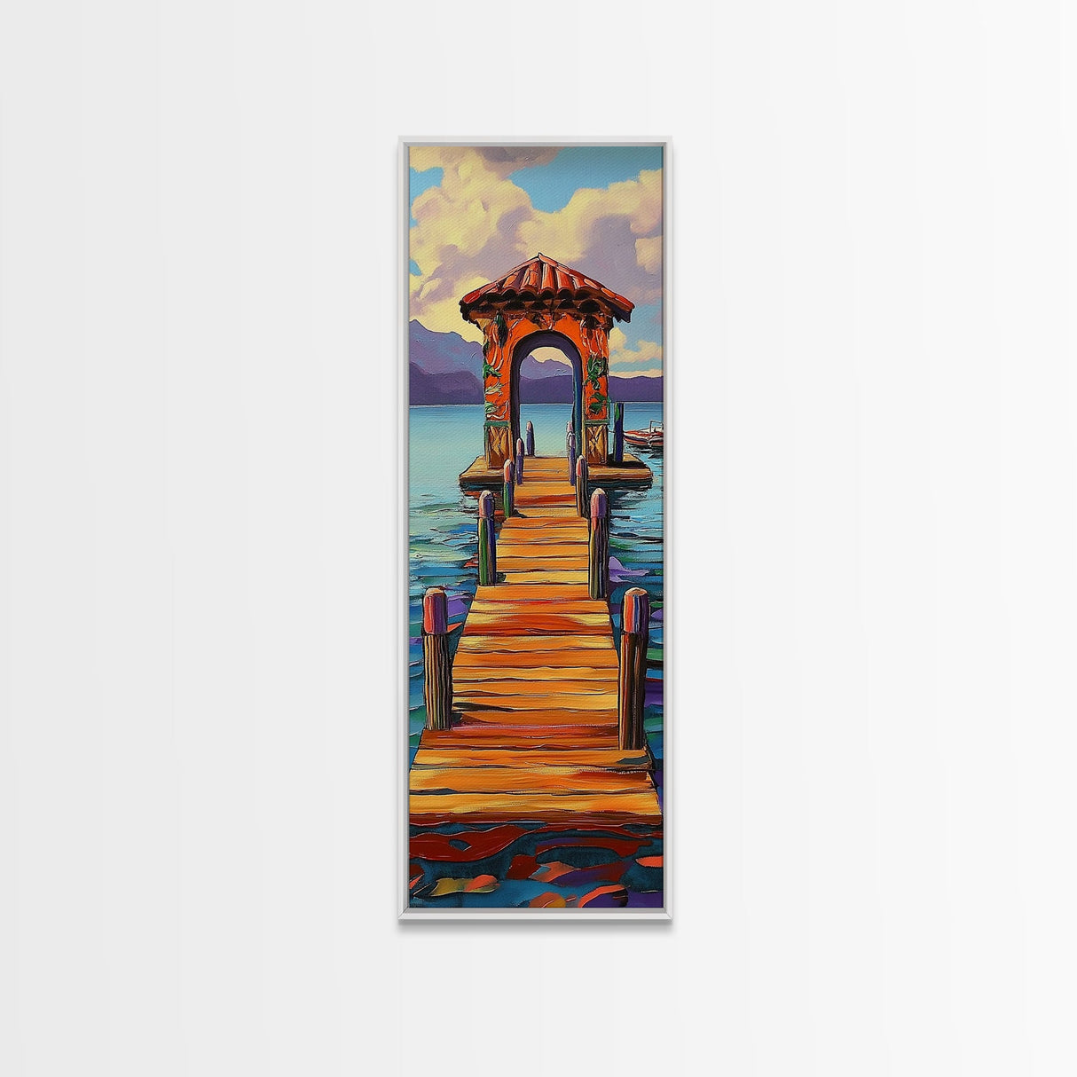 Colorful Pier, Archway, Water — Framed Canvas Print of a vibrant pier scene, coastal wall art, boho lake house decor, office accent