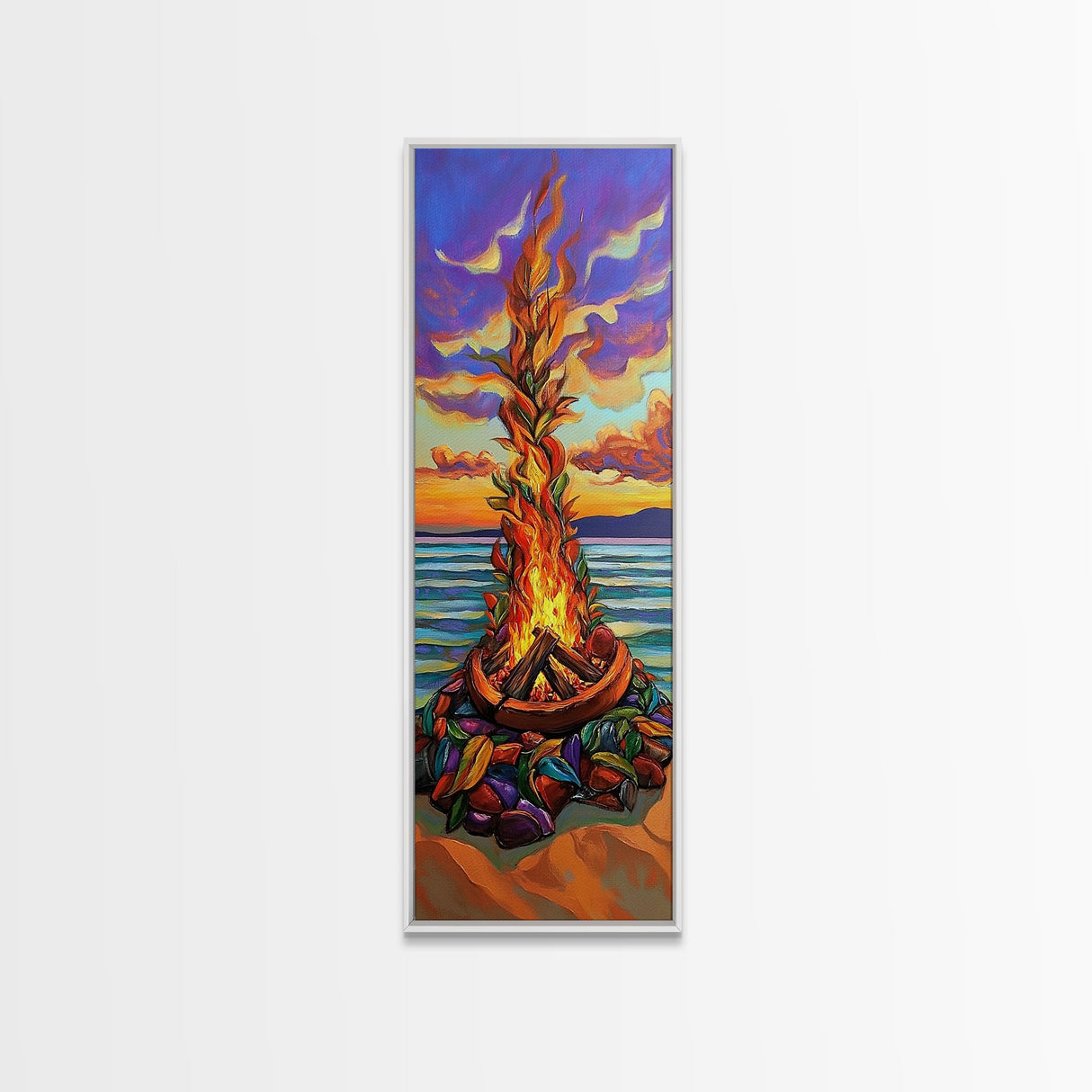 Vibrant Campfire, Sunset Beach – Colorful Beach Bonfire Painting, Fall Outdoor Wall Art, Framed Canvas Print, Cabin Living Room Style