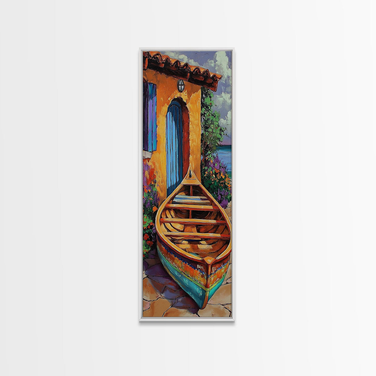 Docked Boat Flowers Villa, Framed Canvas Print, Mediterranean coastal home decor, bright rustic art, hallway wall art, summer lakehouse print