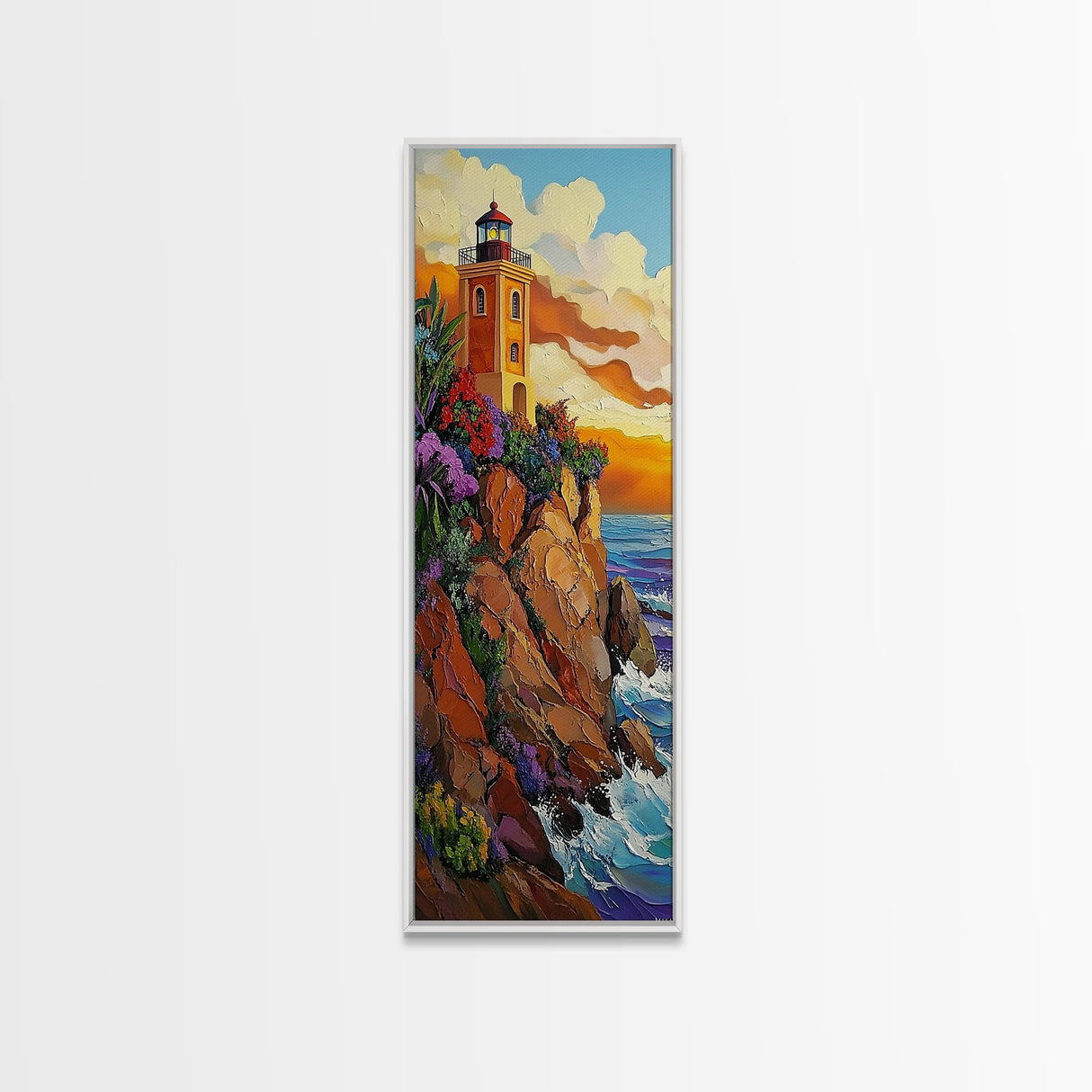 Lighthouse Sunset, Ocean Rocky, Framed Canvas Print, Nautical coastal art, lighthouse wall decor, living room or beach house art