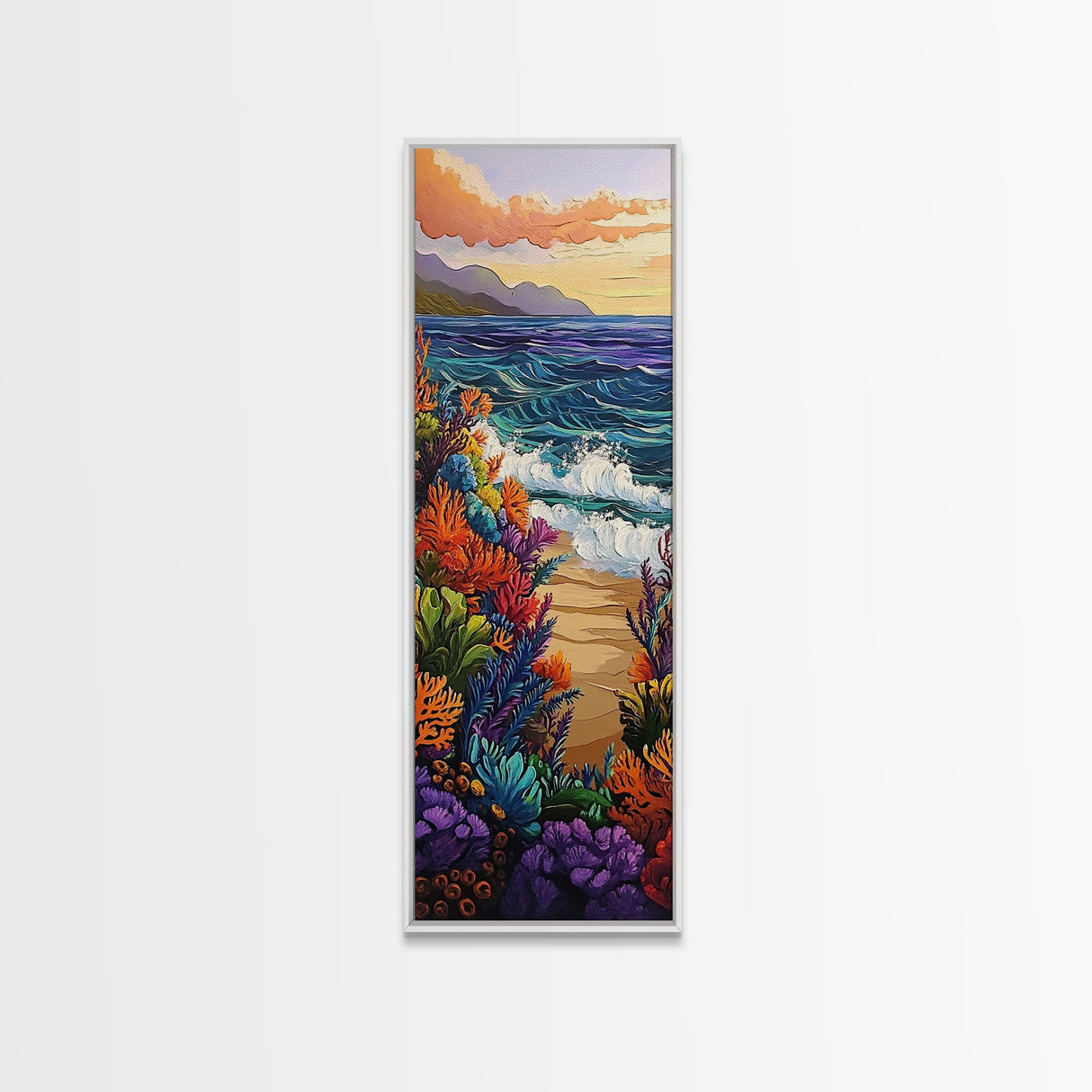 Ocean Waves, Coral Sunset, Canvas Print, Coastal living room wall art, colorful seascape painting, underwater reef design, tropical beach vibe