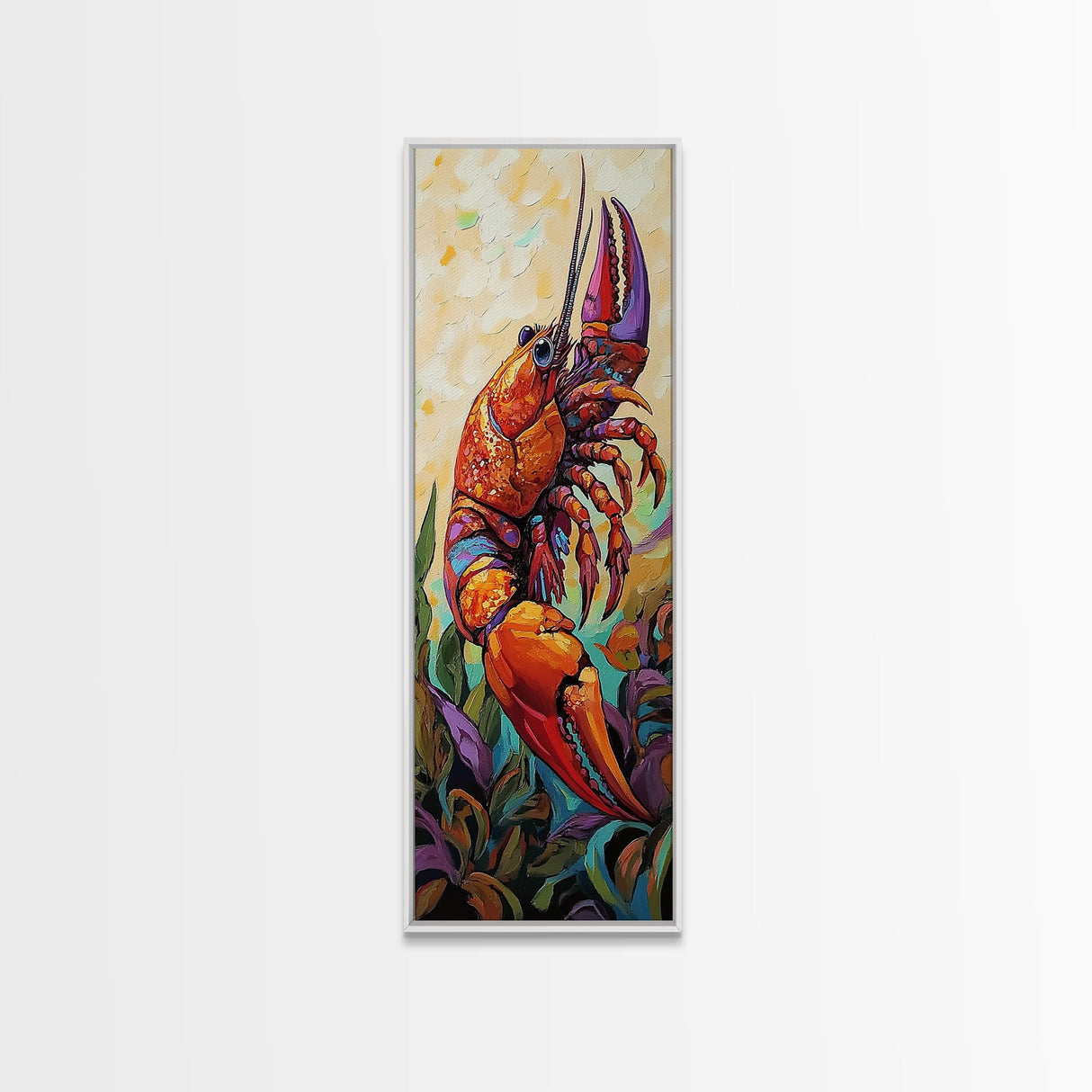 Lobster, Vibrant, Bold, Sea, Framed Canvas Print, seafood kitchen art, tropical home decor, coastal dining room, whimsical ocean painting