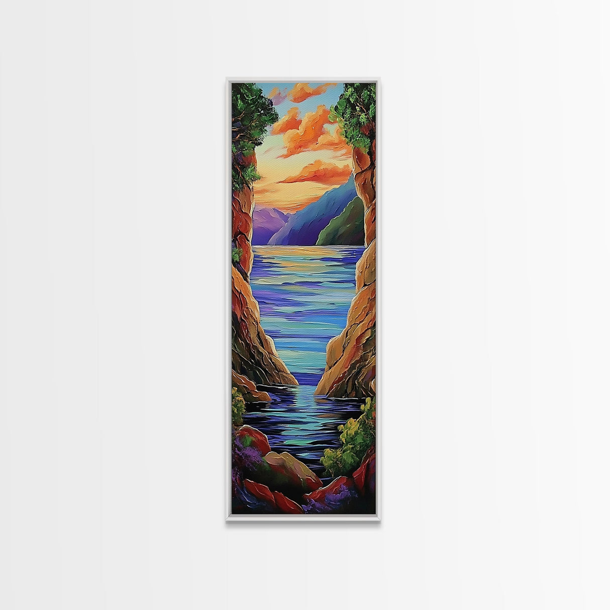 Mountain Canyon Sunset Water, Canvas Print, Sunset wall art, serene canyon lake painting, nature inspired hallway decor, boho peaceful print