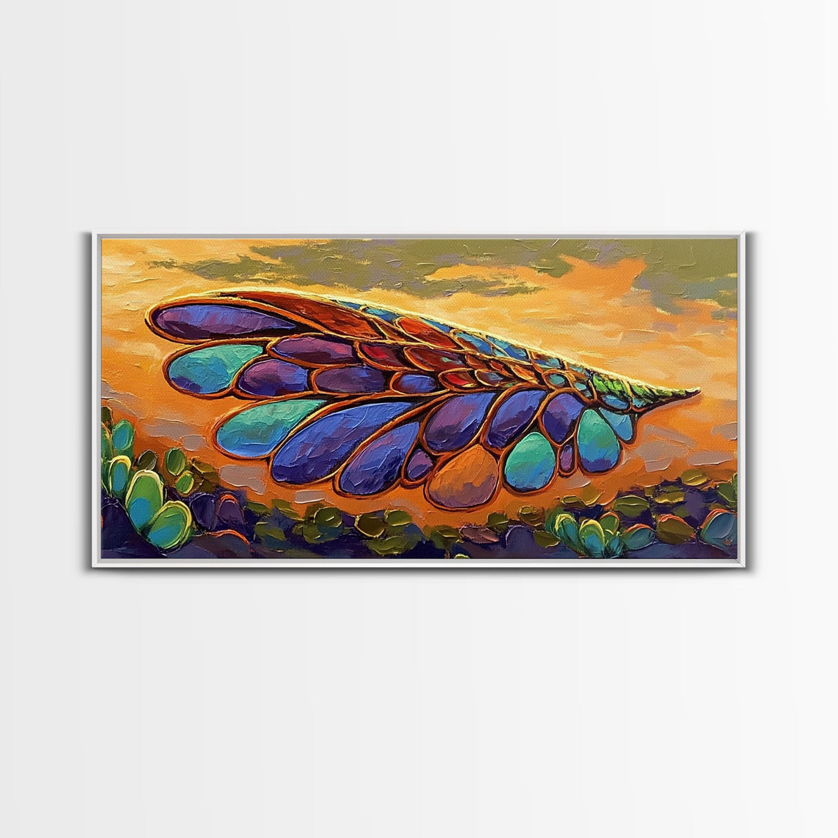 Wings Sunset, Nature, Abstract Boho Wall Art Framed Canvas Print, Colorful Dragonfly Wing Design, Living Room Focal Piece