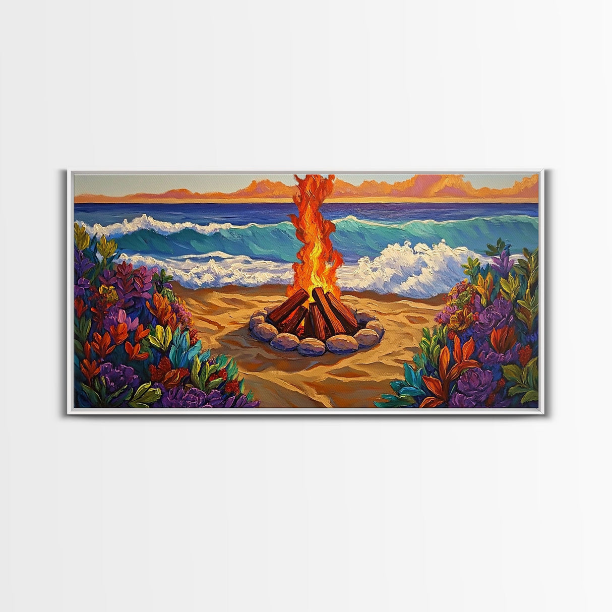 Fire Beach, Ocean, Framed Canvas Print, Sunset Beach Bonfire Painting, Vibrant Coastal Campfire Wall Art, Boho Living Room Decor