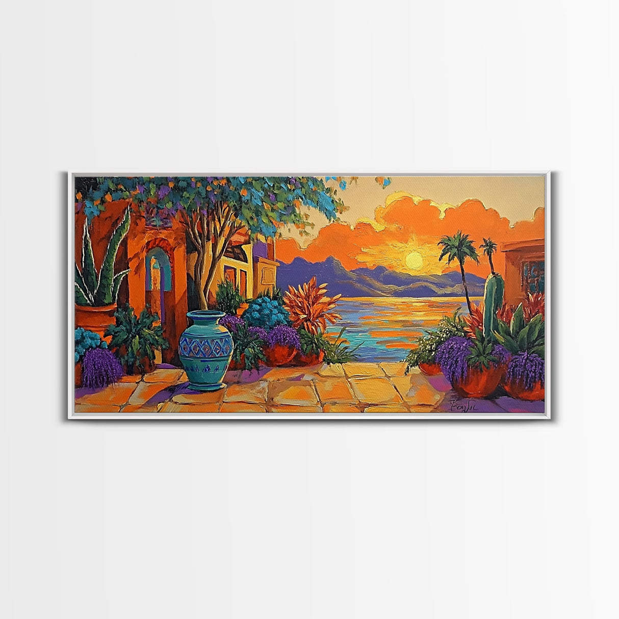 Sunset Courtyard, View, Vibrant sunset courtyard scene with ocean and mountain backdrop, Framed Canvas Print, kitchen wall art