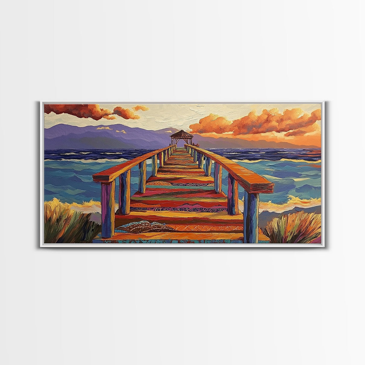Pier Ocean, Sunset, Vibrant sunset over colorful pier walkway into the sea, Framed Canvas Print, coastal living decor