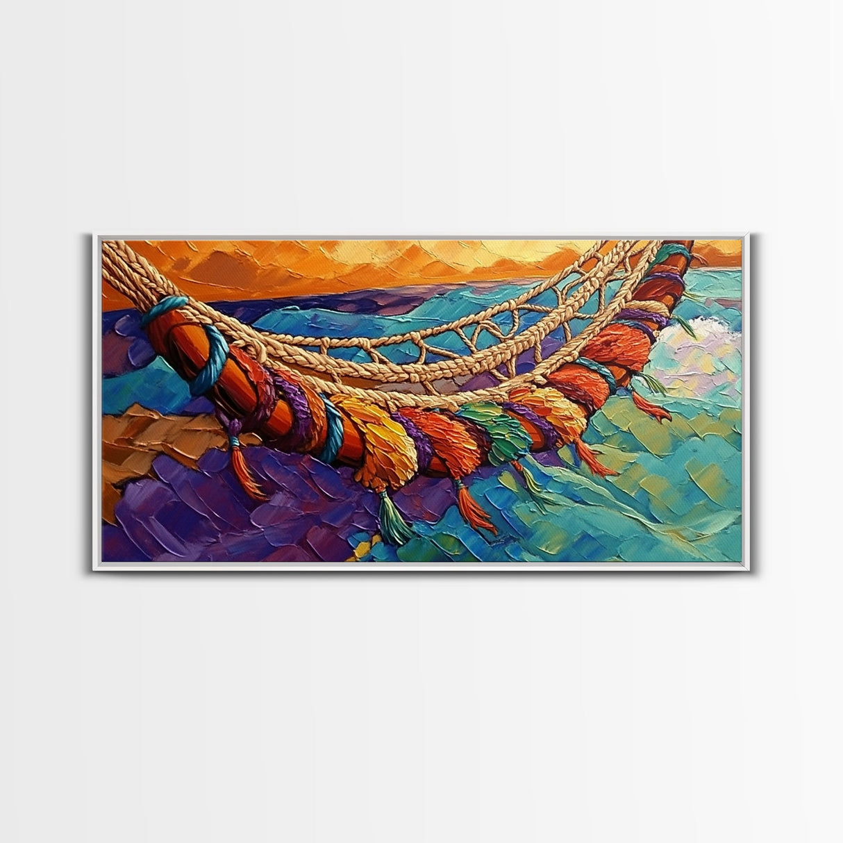 Hammock, Relax, Tropical, Sunset, Framed Canvas Print, Vibrant tropical vibes, beachy boho wall art, bedroom or sunroom decor