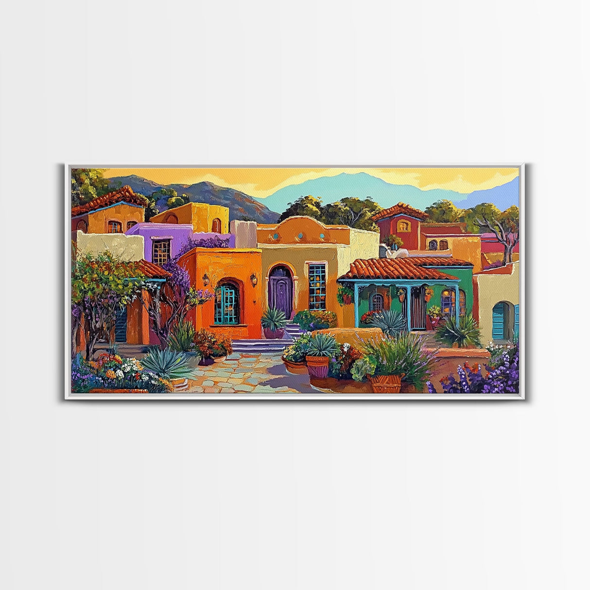 Colorful Adobe Homes, Desert Village Scene, Southwest Art Style, Canvas Print, Boho Wall Decor, Vibrant Courtyard Painting