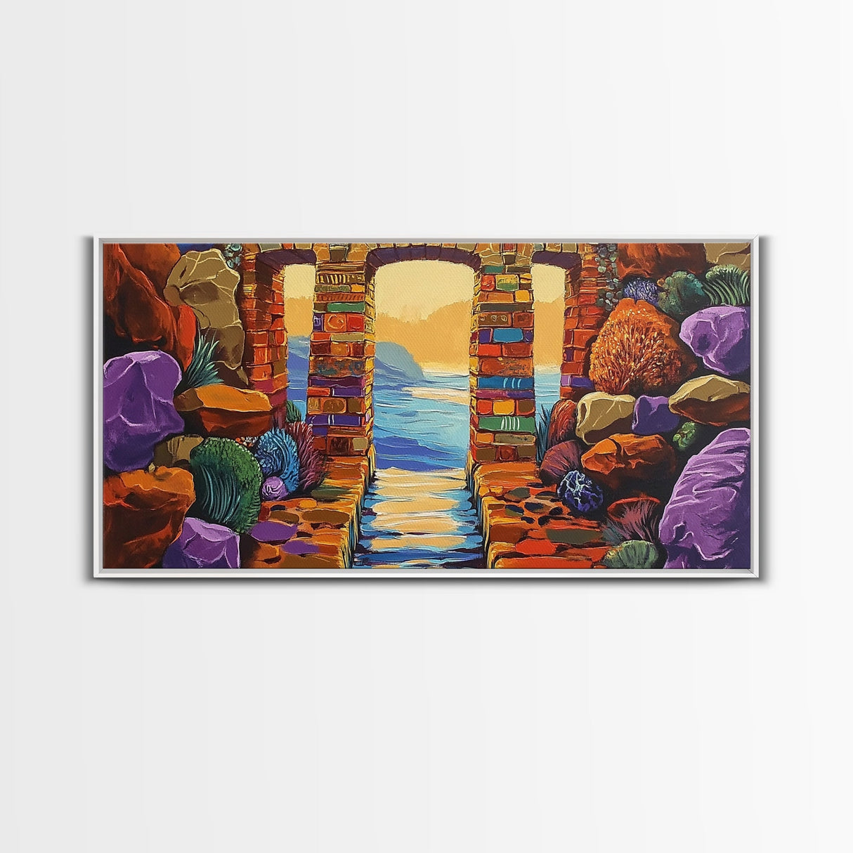 Ocean Doorway View, Colorful Stone Arch, Vibrant Seaside Escape, Canvas Print, Boho Coastal Wall Art, Mediterranean Dream Artwork