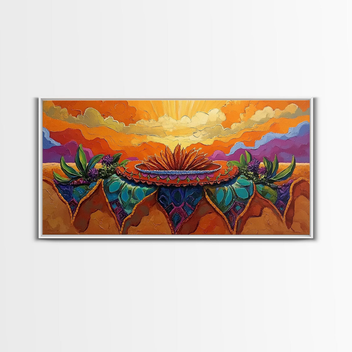 Sunrise Desert, Bloom, Canvas Print, Vibrant desert sunrise painting, boho southwestern art, Bedroom Wall Art, botanical decor