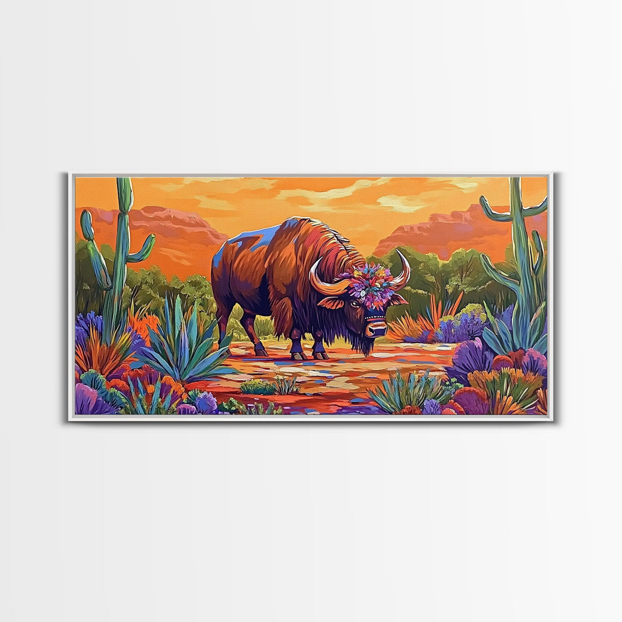 Buffalo Desert, Flowers, Canvas Print, Western buffalo art, colorful desert scene, ranch decor, Office Wall Art, Autumn Wall Art