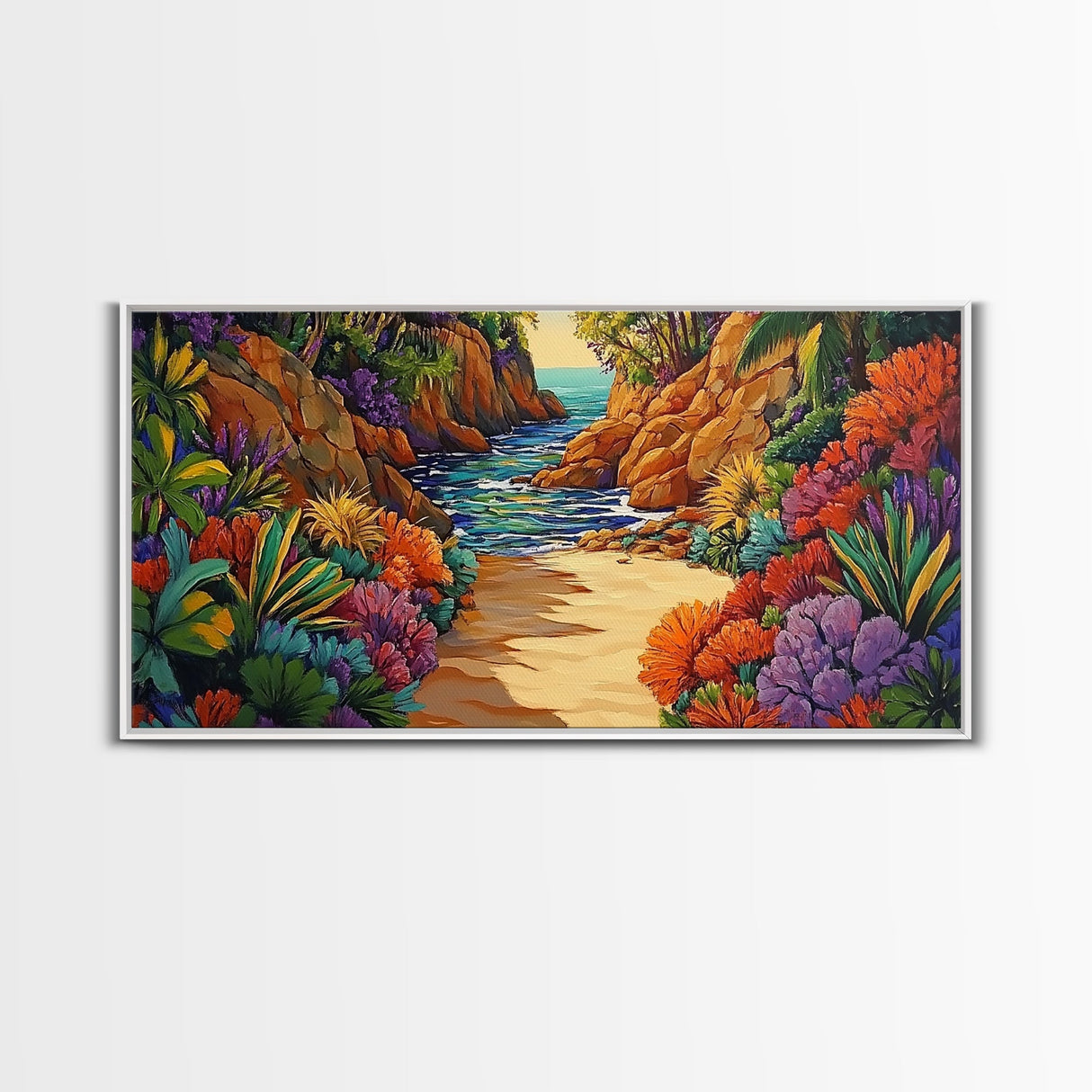Jungle Cove, Bright, Canvas Print, Lush tropical jungle path to sea, Dining Room Wall Art, nature artwork, bohemian coastal print