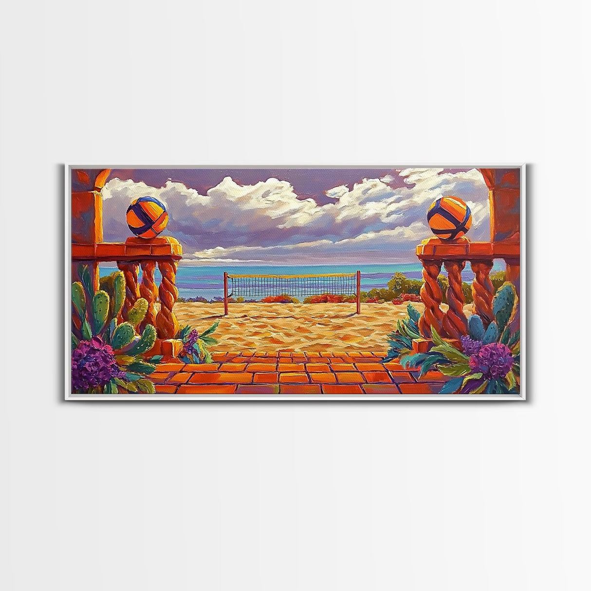 Volleyball Ocean, Sunset, Framed Canvas Print, Vibrant Beach Volleyball Scene, Sporty Coastal Wall Art, Game Room Decor