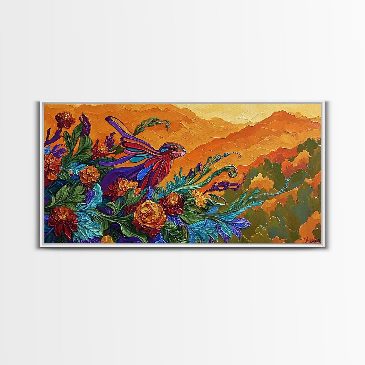 Rabbit Flowers, Fantasy, Autumn, Framed Canvas Print, Whimsical Fall Wall Art, Nursery Decor, Woodland Animal Art, Boho Autumn Style