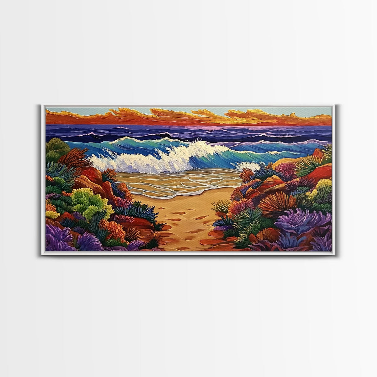 Waves Beach, Sunset, Coastal, Framed Canvas Print, Ocean Wall Art, Colorful Seascape Decor, Nautical Living Room Accent, Coastal Vibes