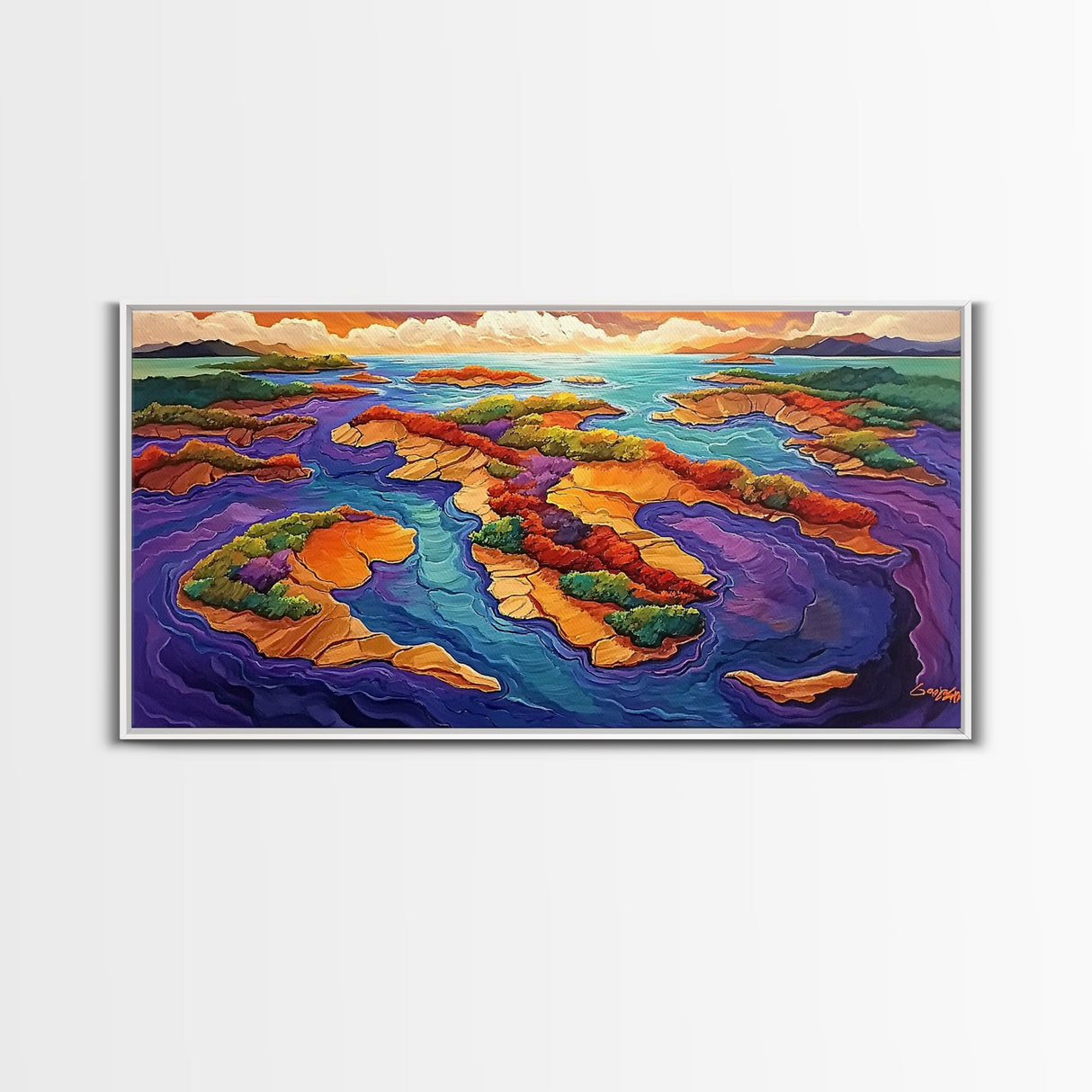 Sunset Island, Vibes, Tropical, Canvas Print, coastal landscape wall art, tropical home decor, beach house art, colorful ocean print