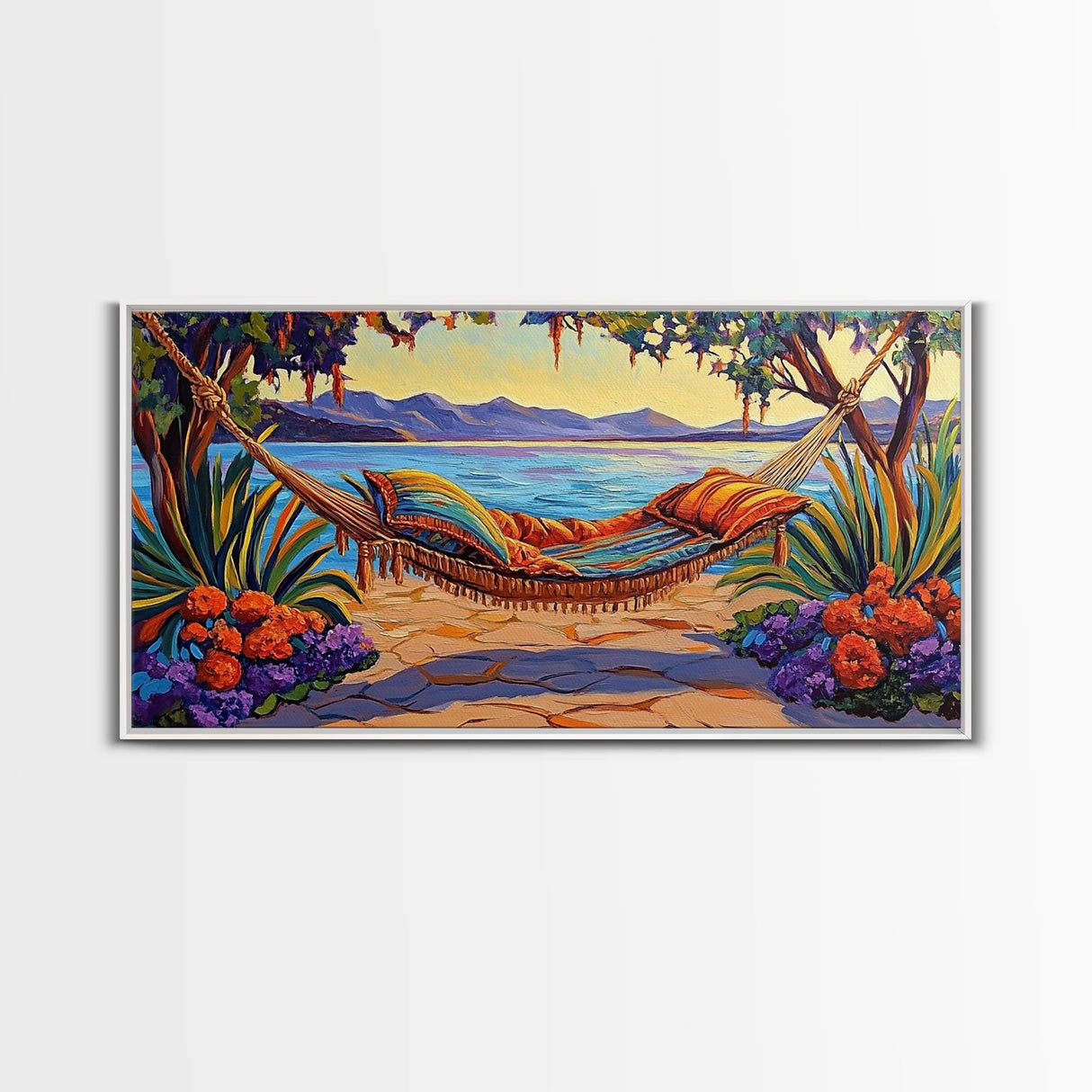 Hammock Lake, Relax, Peace, Framed Canvas Print tropical lakeside retreat artwork, relaxing boho bedroom art, beachy summer decor